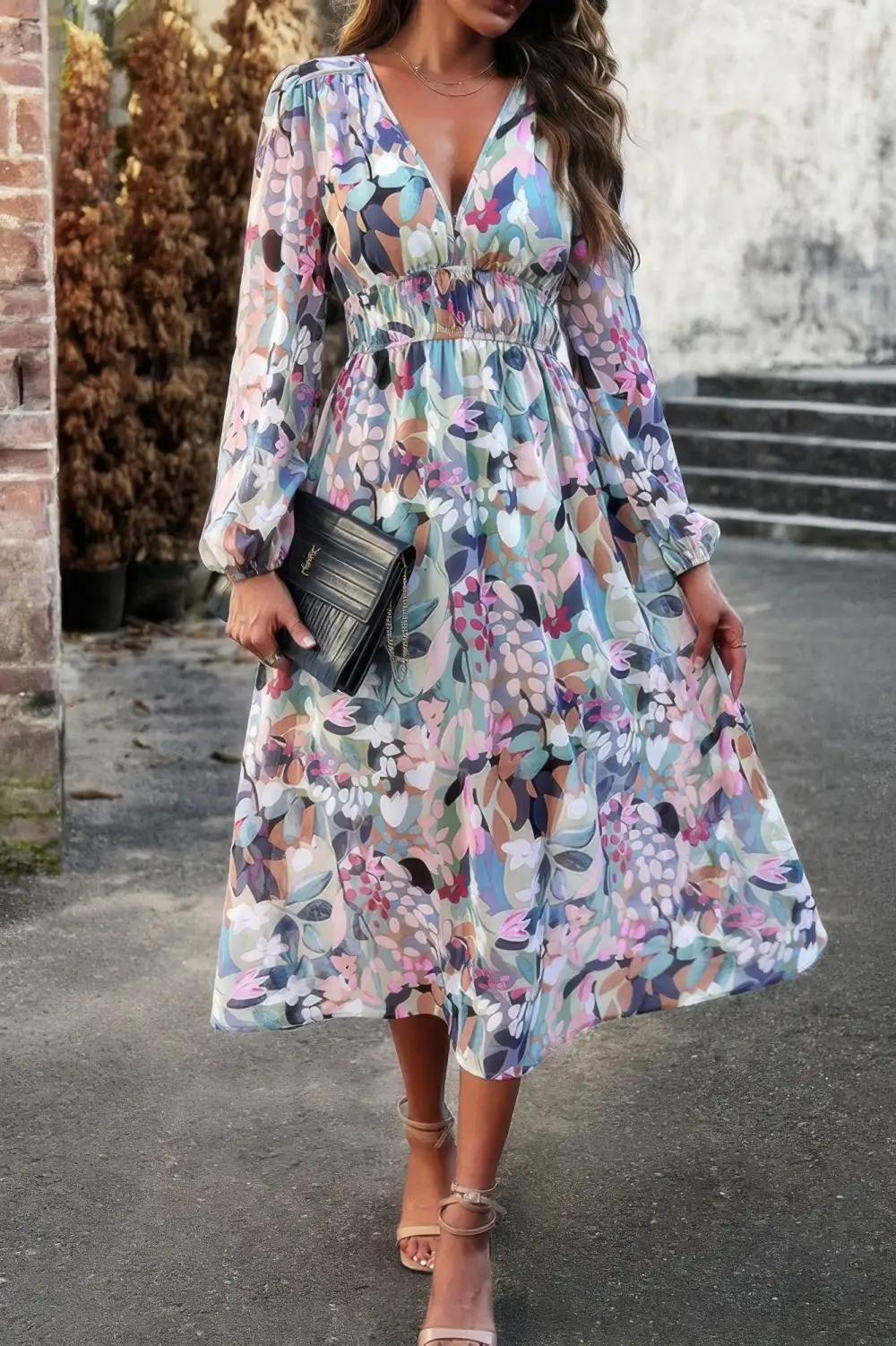 Boho V Neck Flared High Waist Long Sleeve Dress