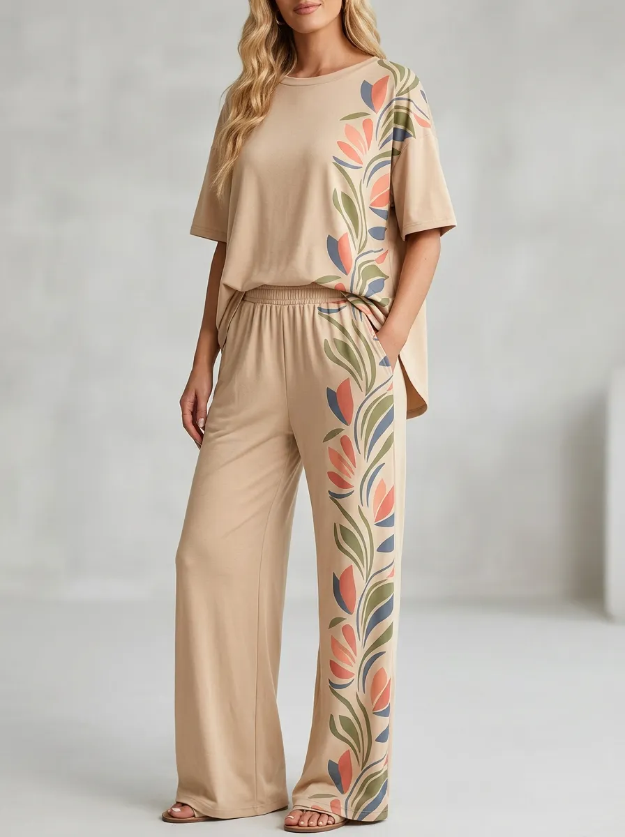 Women's Side Botanical Print Crewneck Top And Wide-Leg Trouser Lounge Set