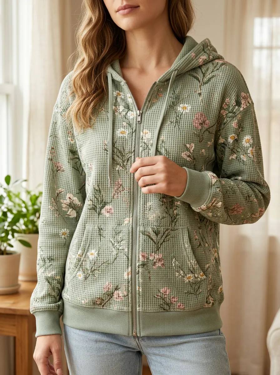 Women's Floral Waffle Knit Sage Green Printed Zip Up Hoodie