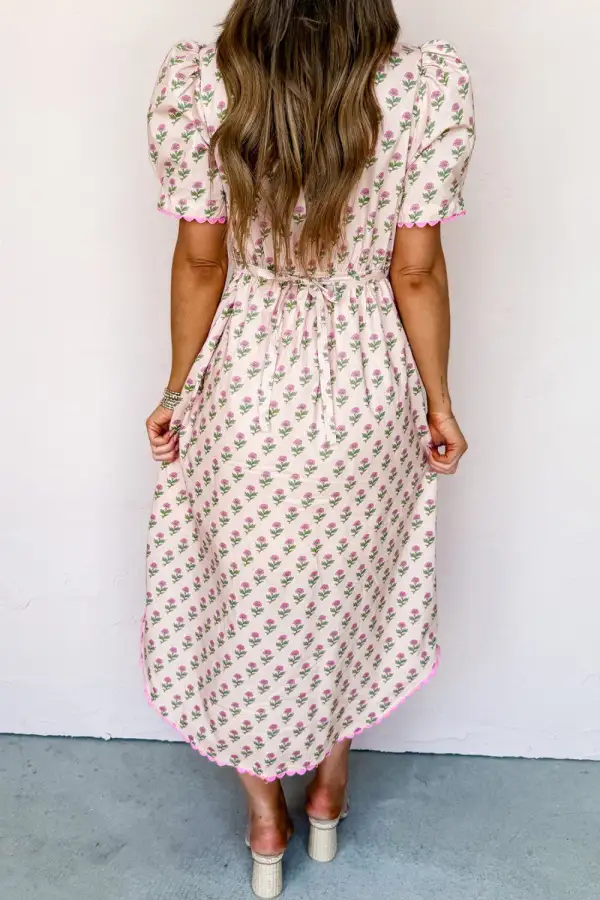 Floral Neck Scalloped Trim Maxi Dress