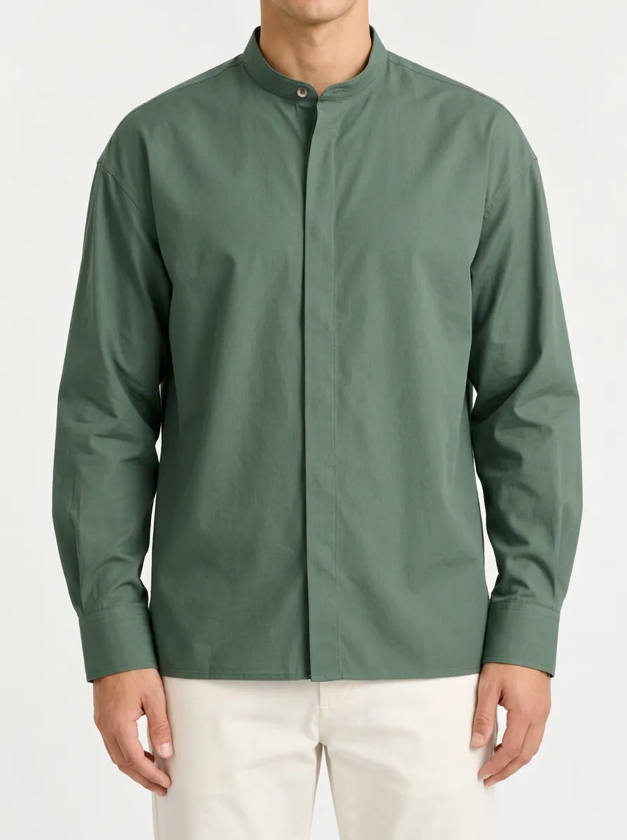Unisex Olive Green Plain Casual Button Shirt