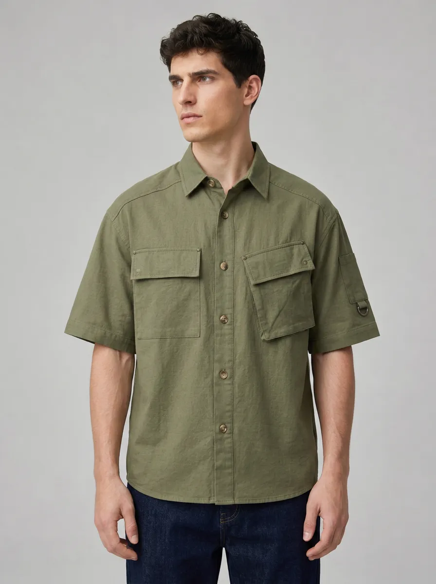 Men's Casual Outdoor Olive Green Cargo Short Sleeve Shirt