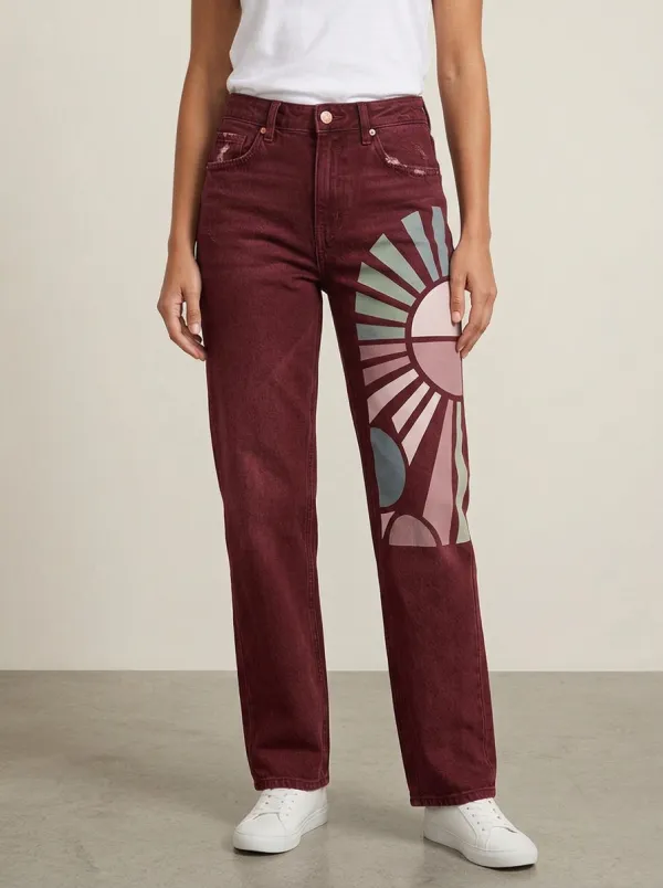 Women's Boho Sun Graphic Printed Straight Leg Jeans