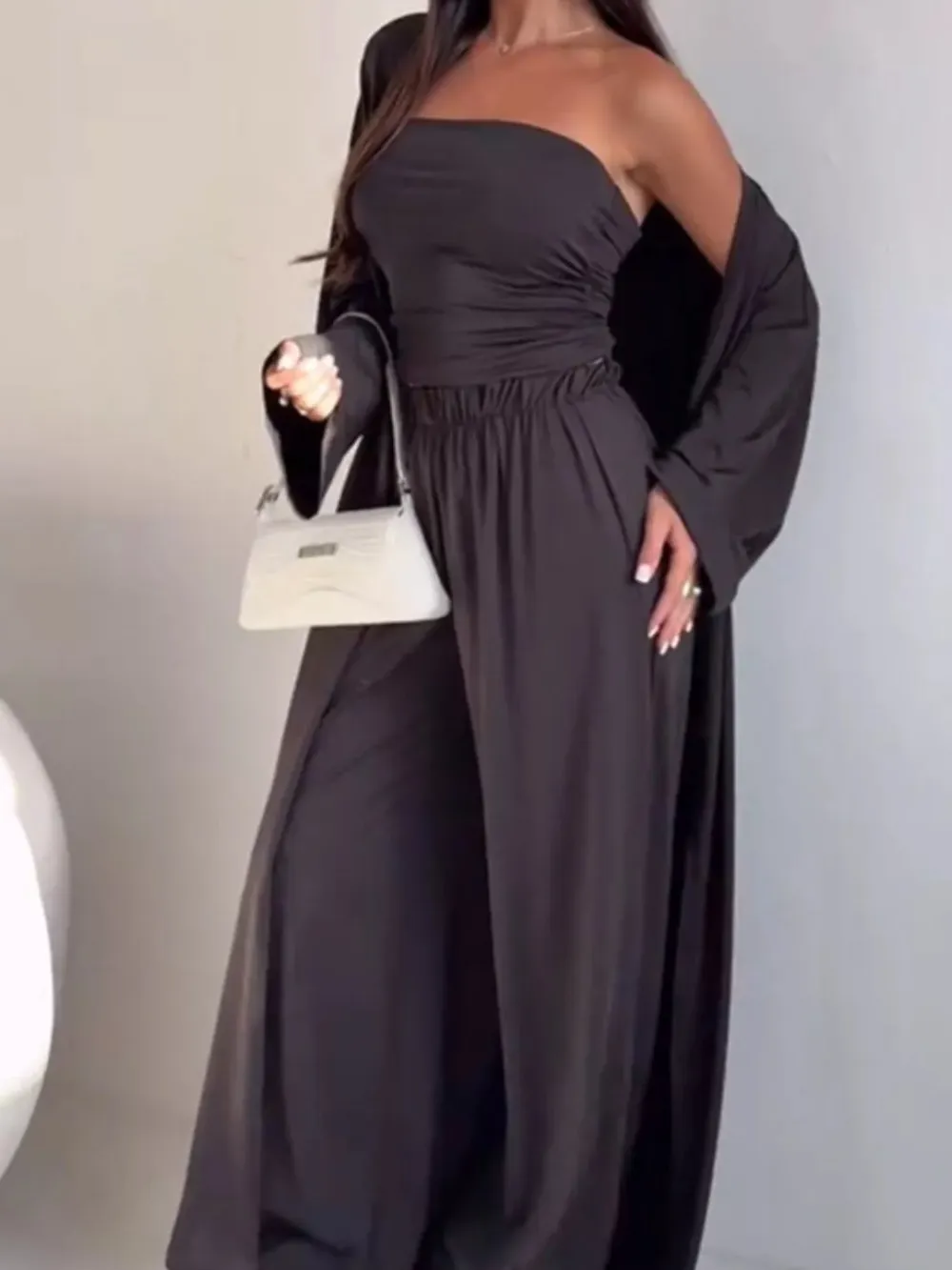 Tube Top & Cardigan & Wide Leg Pants Piece