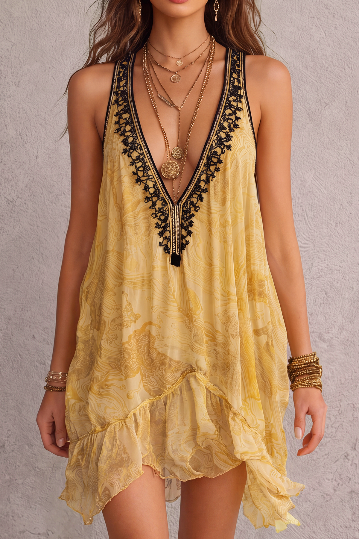 Lace Trim Lace Printed Mini Dress