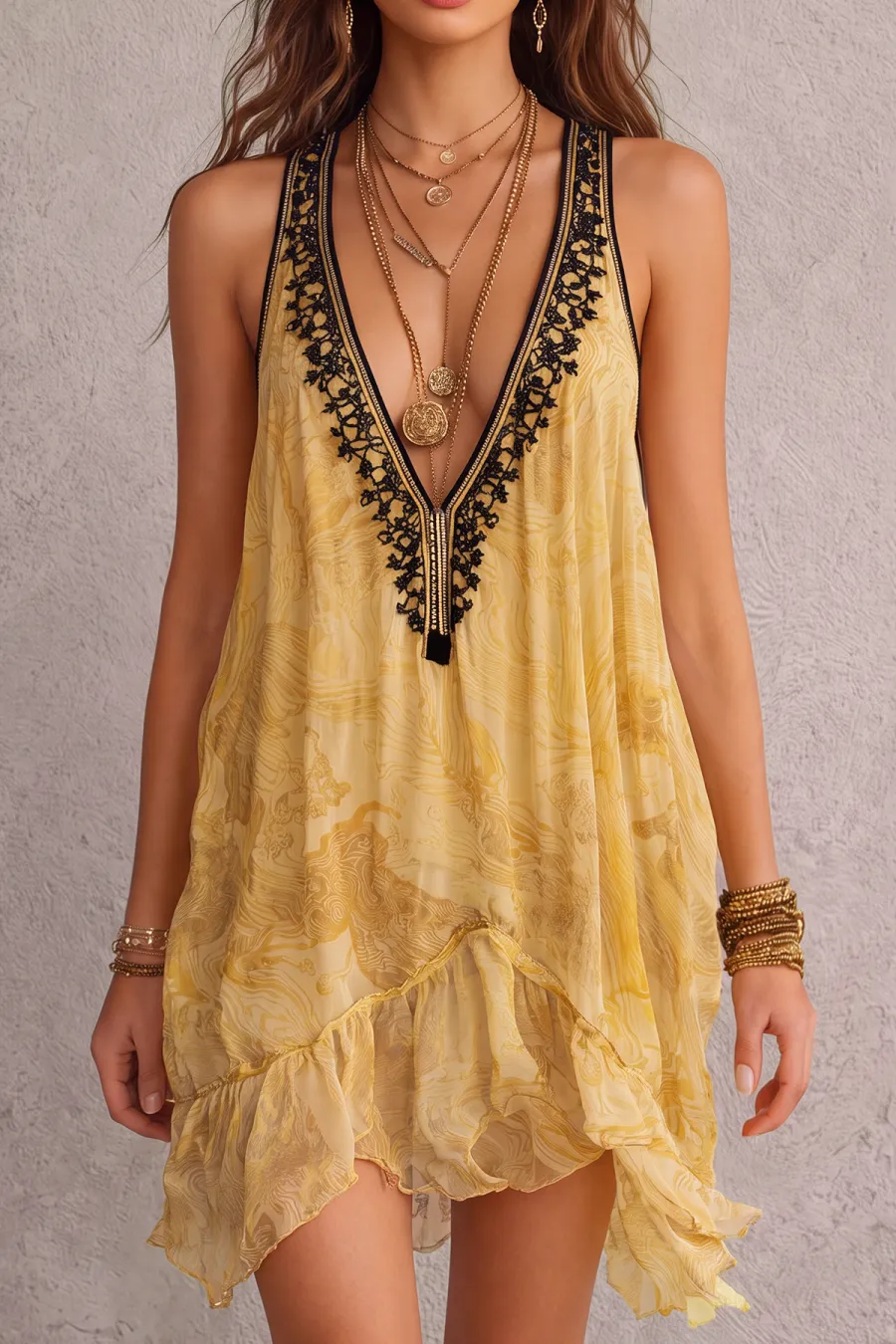 Lace Trim Lace Printed Mini Dress