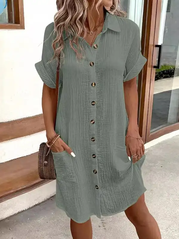 Relaxed Short Sleeve Pleated Split Joint Lapel Mini Dress Shirt Dress