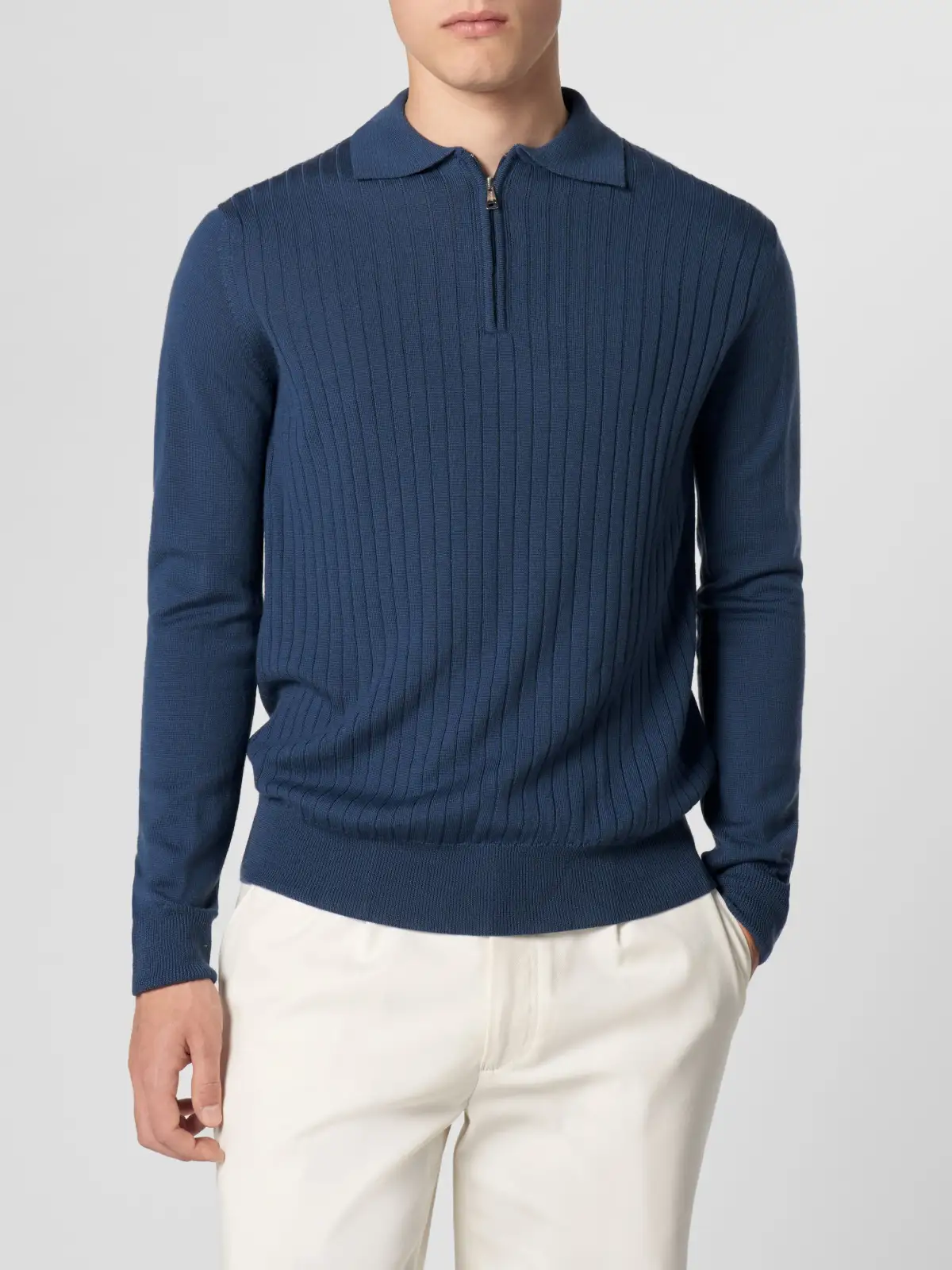 Extrafine Merino Merino Wool Zip Front Ribbed Slim Fit Polo Shirt