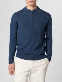 Extrafine Merino Merino Wool Zip Front Ribbed Slim Fit Polo Shirt