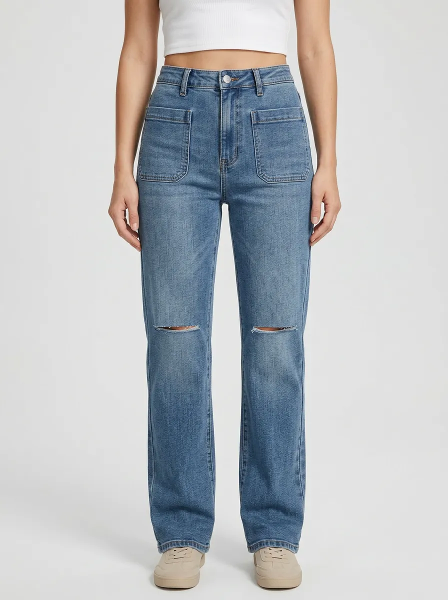 Women's Front Patch-Pocket Horizontal-Knee Distressed High-Rise Straight-Leg Jeans