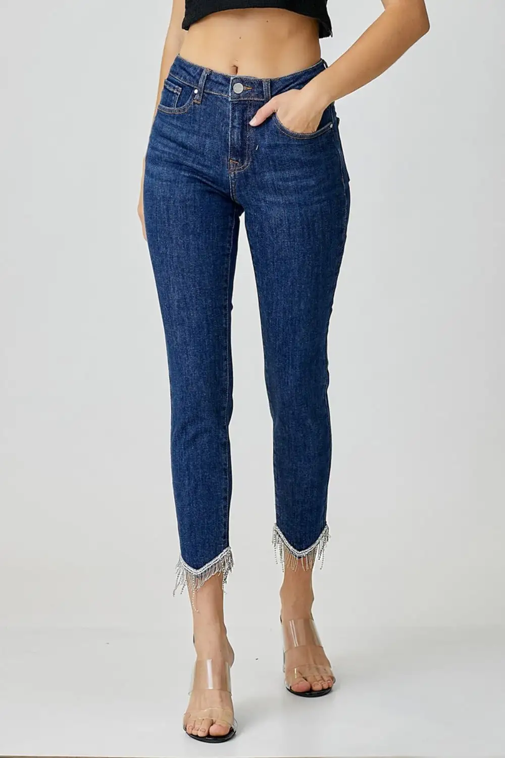 Embellished Mid Rise Crop Skinny Denim Jeans
