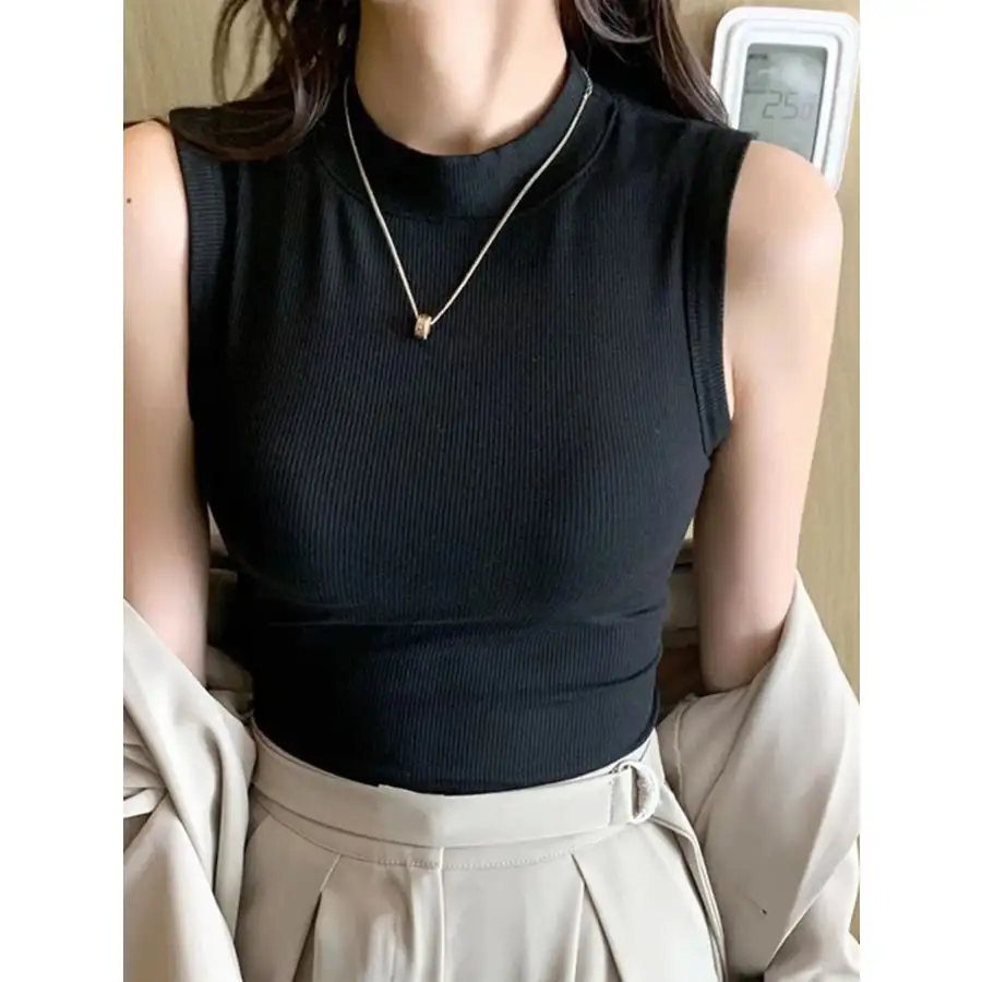 Ribbed Mock Neck Sleeveless Tank Top