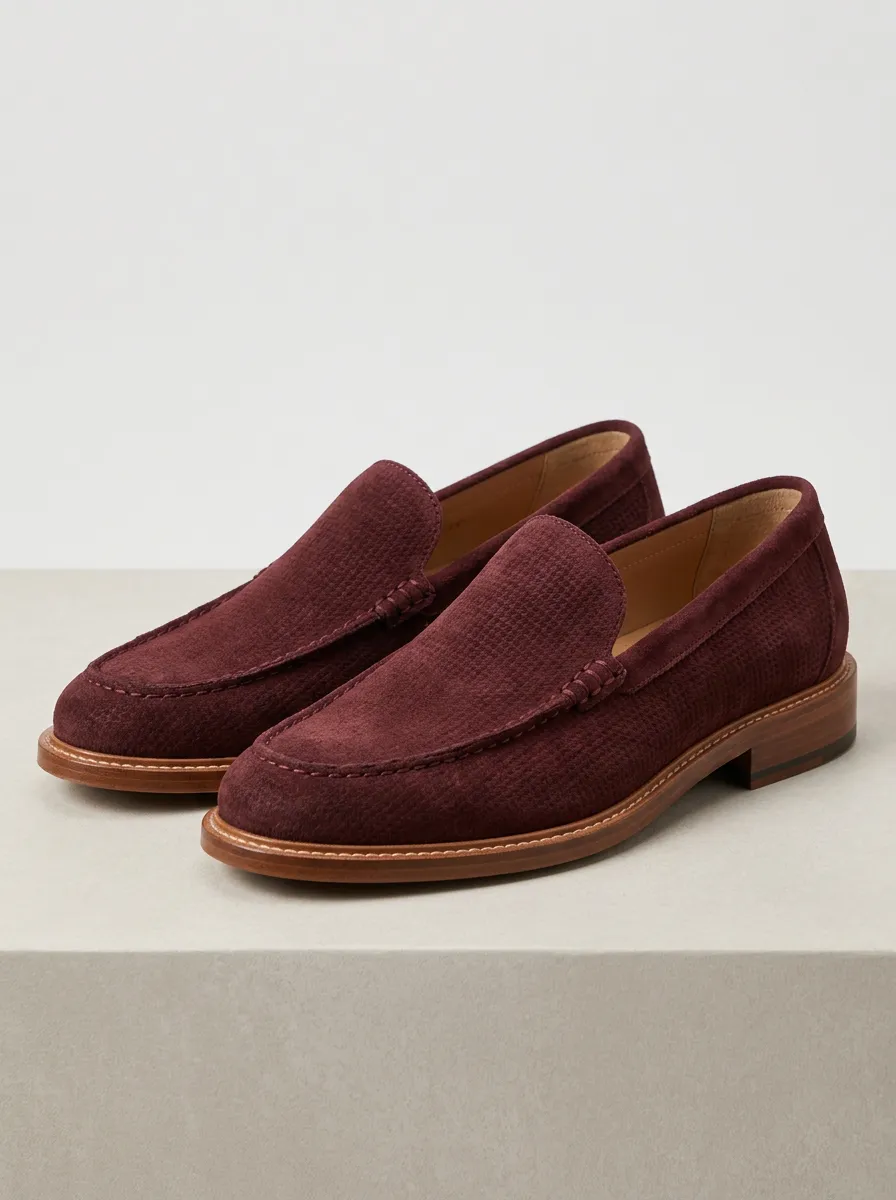 Unisex Burgundy Textured Suede-Look Loafers