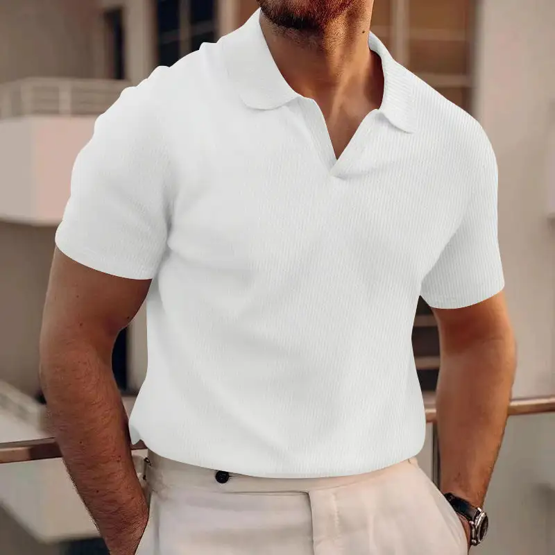 Waffle Texture Open V Neck Short Sleeve Jersey Polo Shirt