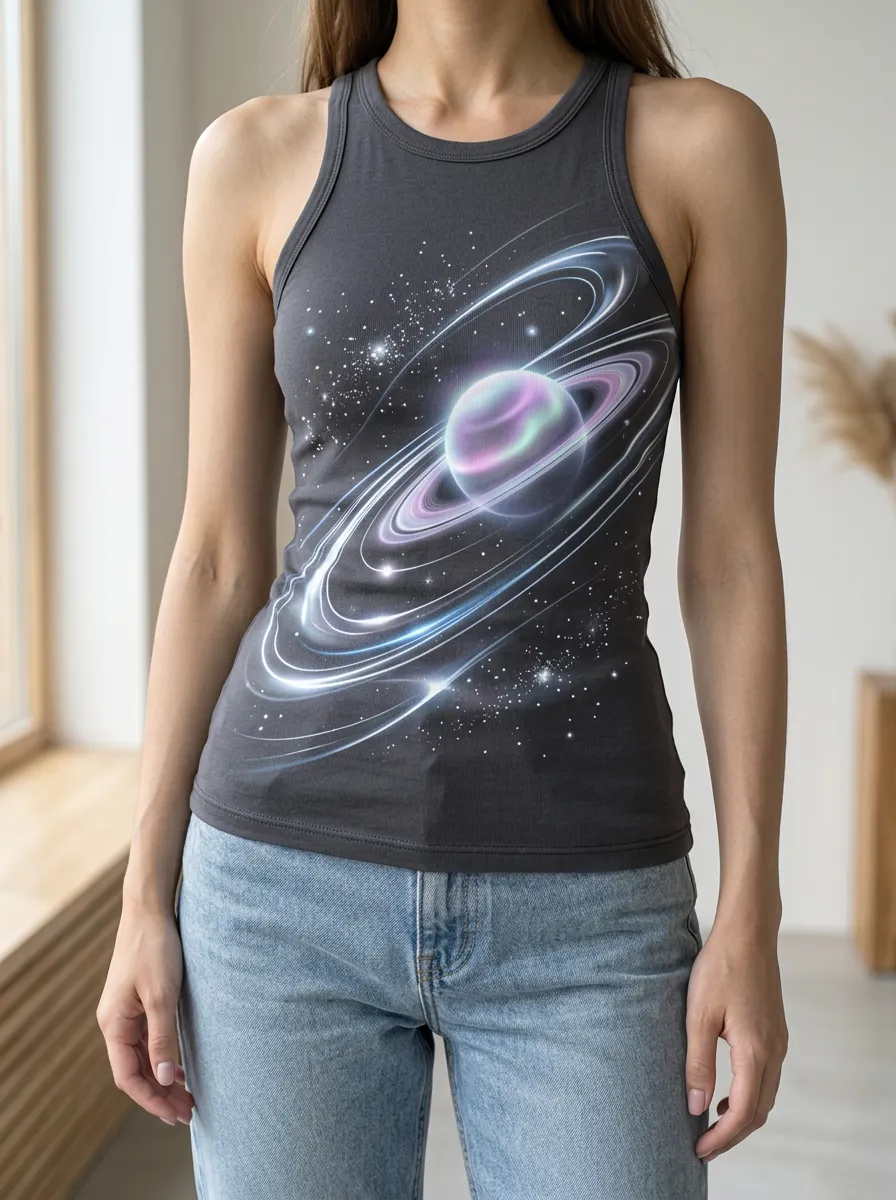 Women's Space Lover Saturn Planet Printed Tank Top