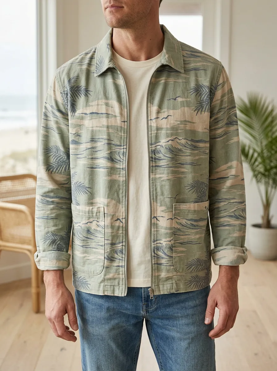 Men's Tropical Beach Palm Tree Ocean Wave Printed Jacket
