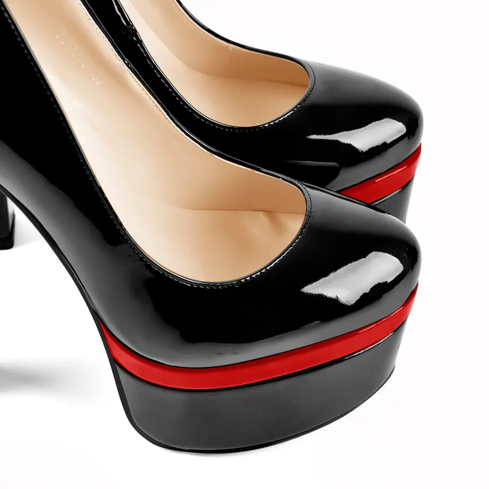 Modern Patent Finish Pointed Toe Platform Chunky Heel Pumps