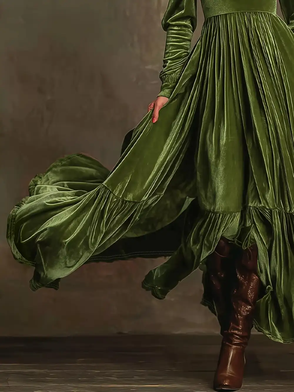 Textured Detail Ruffle Long Sleeve Dress