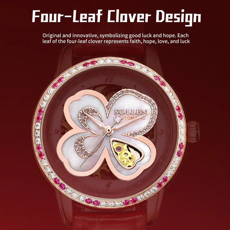 Sollen SL405 Women's Four-Leaf Clover Skeleton Automatic Watch - 35mm Crystal Bezel Mother of Pearl Dial Leather Strap Wristwatch