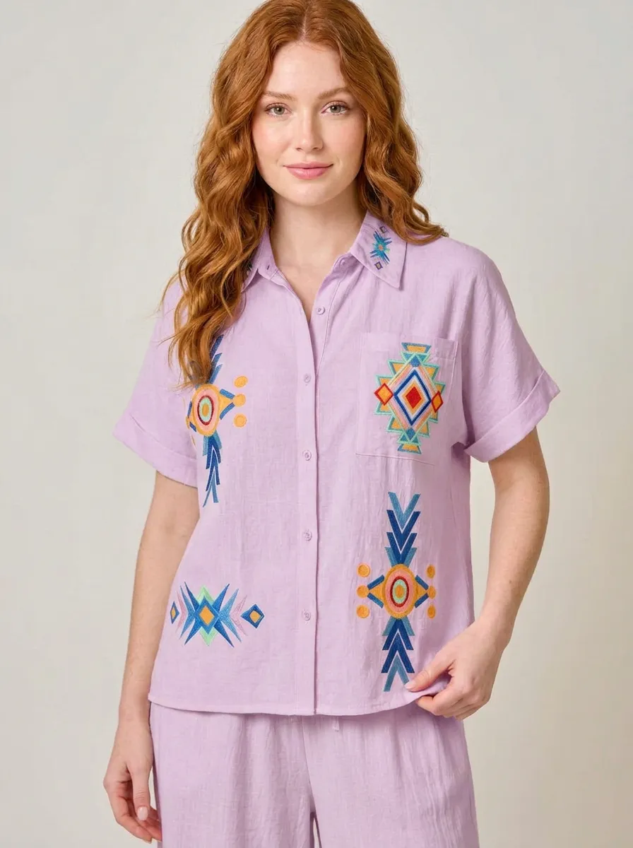 Women's Boho Geometric Pattern Embroidered Graphic Shirt