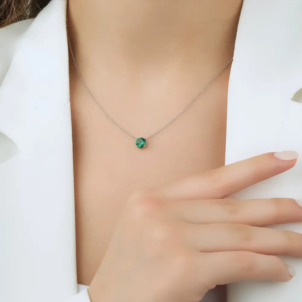 Dainty Prong Set Solitaire Emerald Necklace