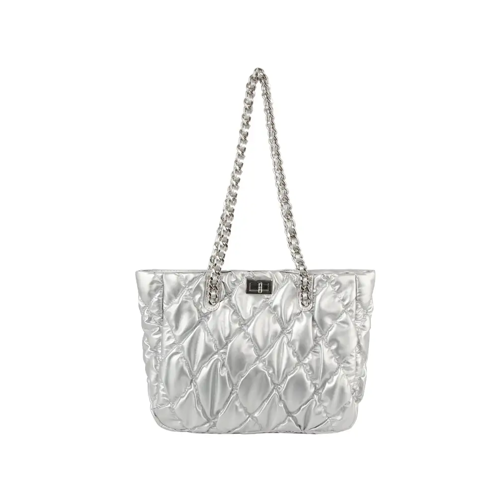 Quilted Chain Accent Pocketed Nylon Tote Bag