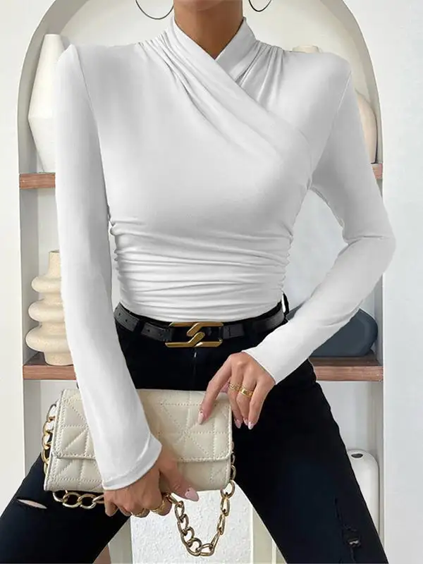 Long Sleeve Slim Fit Pleat Detail Mock Neck T-Shirt