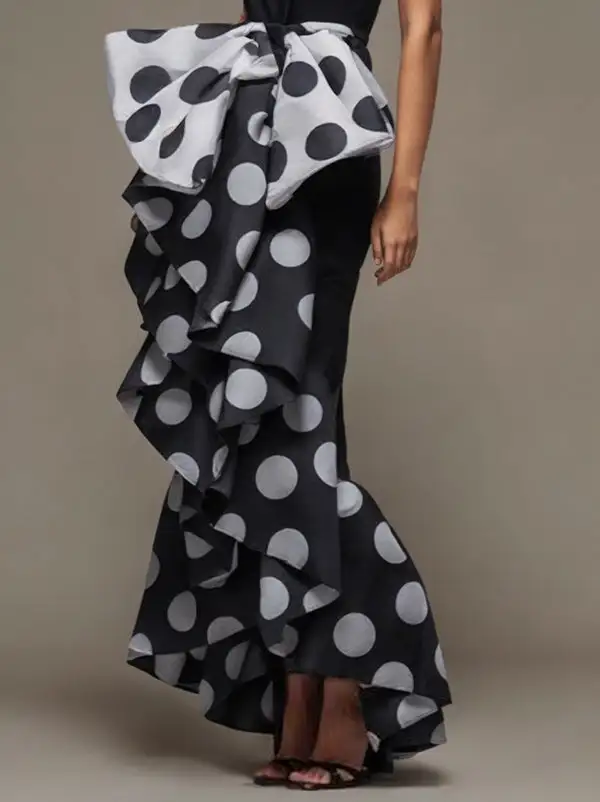 Women's Slim Fit Pleated Polka Dot Patchwork Maxi Dress
