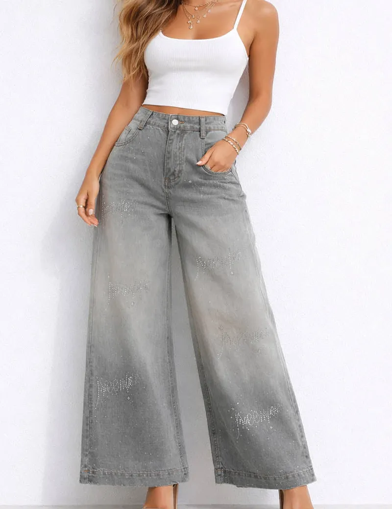 Rhinestone Baggy Jeans Wide Leg Denim Pants