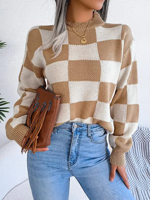 Plaid Round Neck Long Sleeve Relaxed Fit Sweater