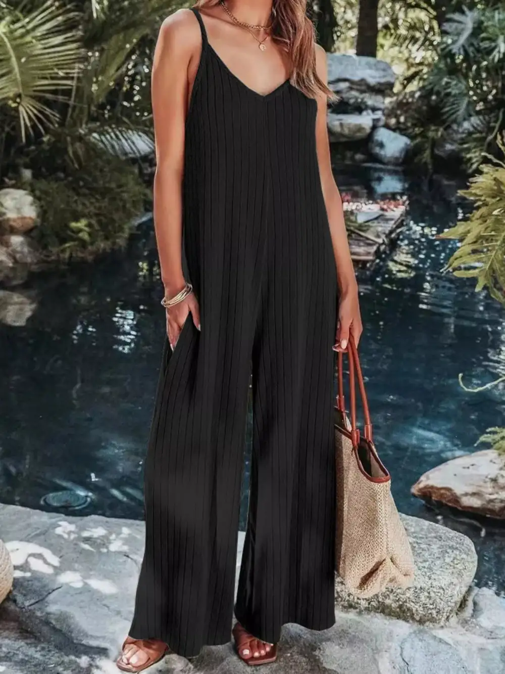 Ribbed V Neck Wide Leg Jumpsuit