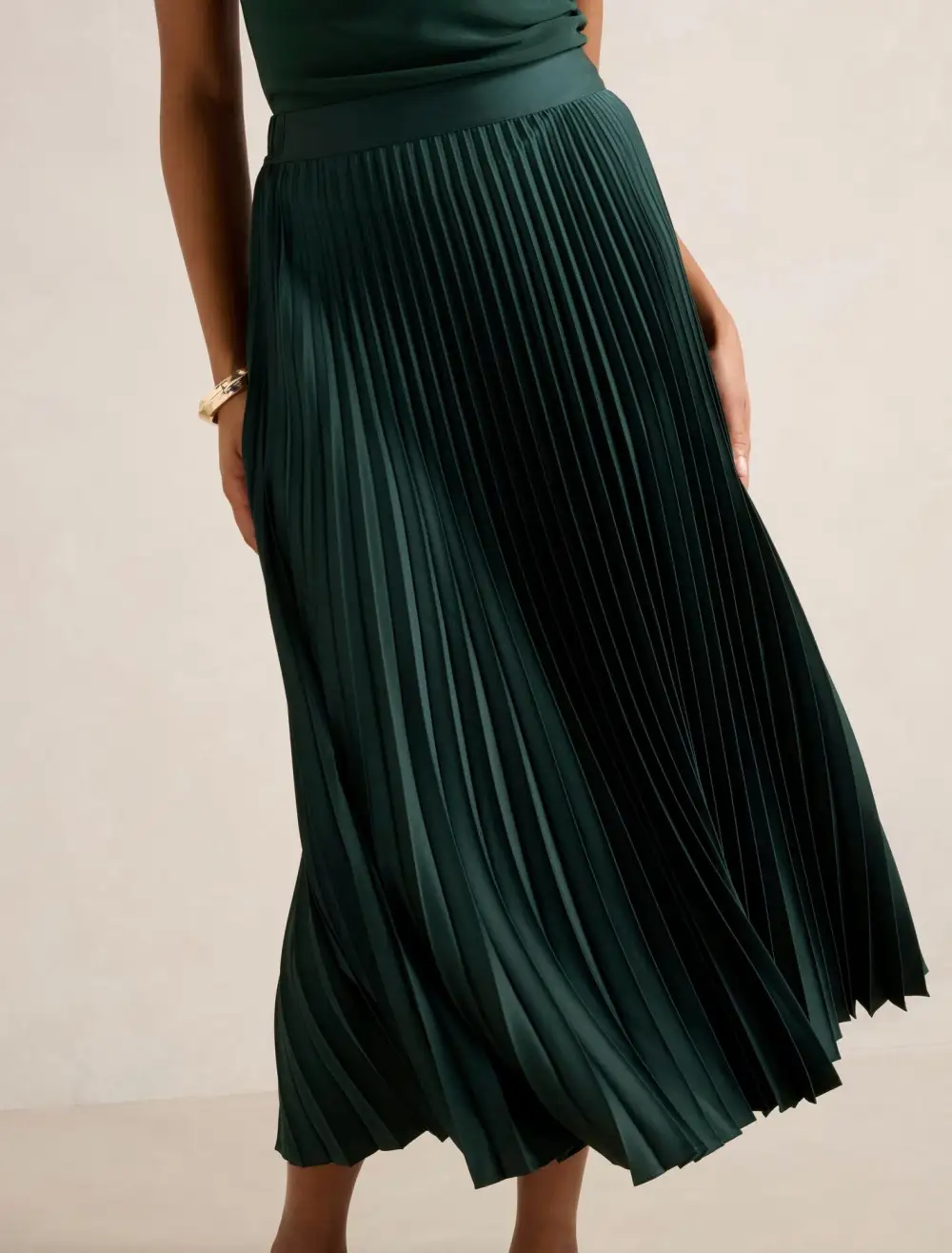 Dark Green Satin Pleated Midi Skirt