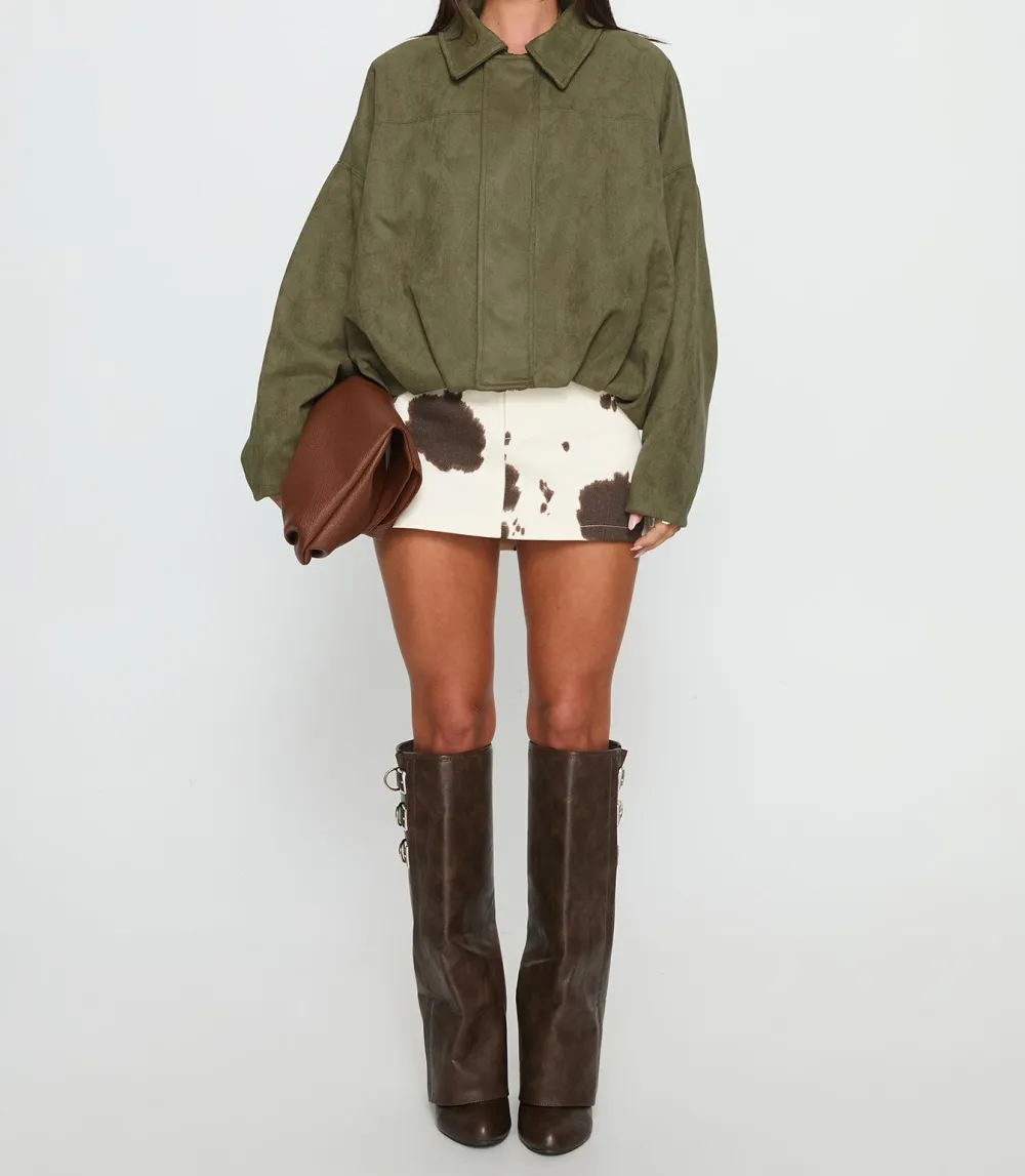 Khaki Faux Suede Oversized Collared Bomber Jacket