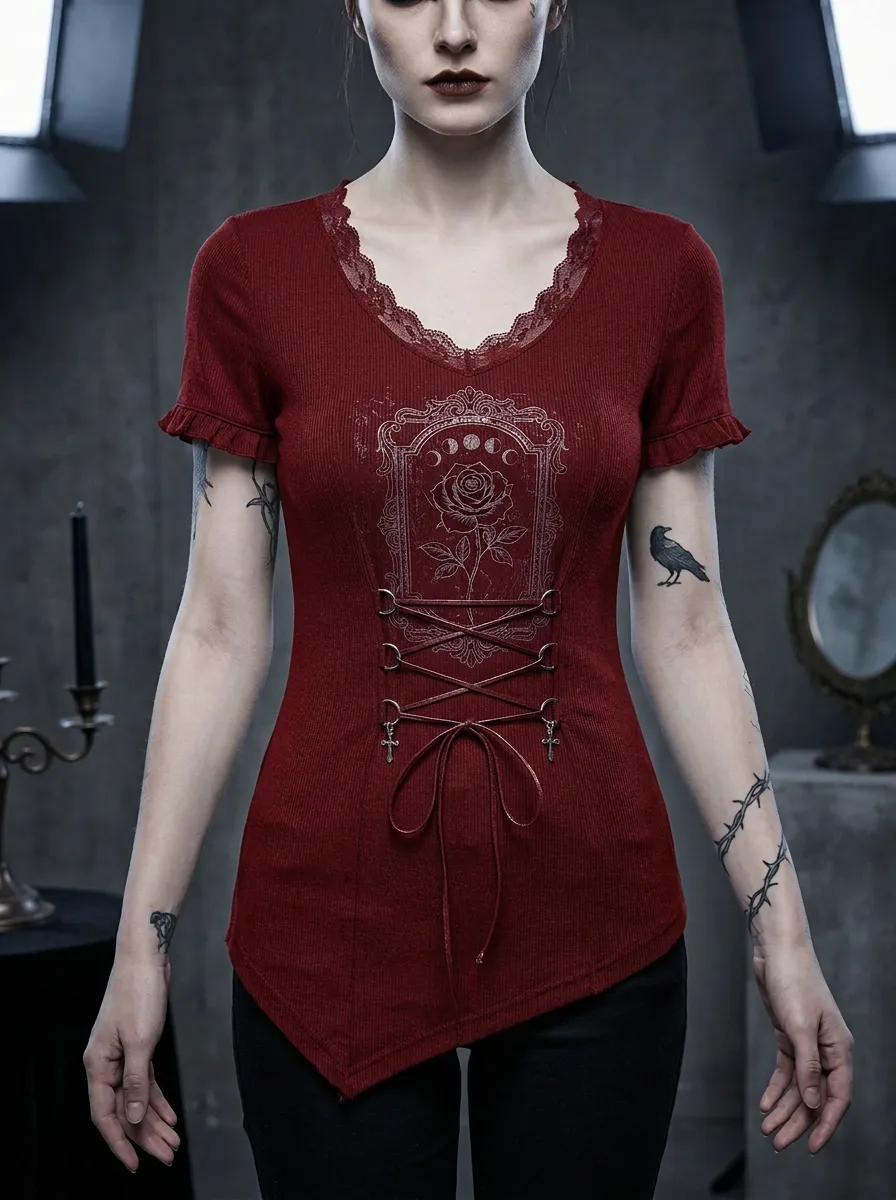 Moonlit Rose Moon Corset Design Women's Gothic T-Shirt