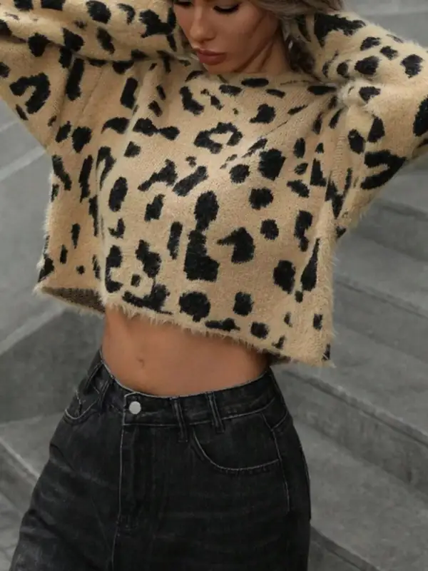 Leopard Fuzzy Knit Cropped Sweater