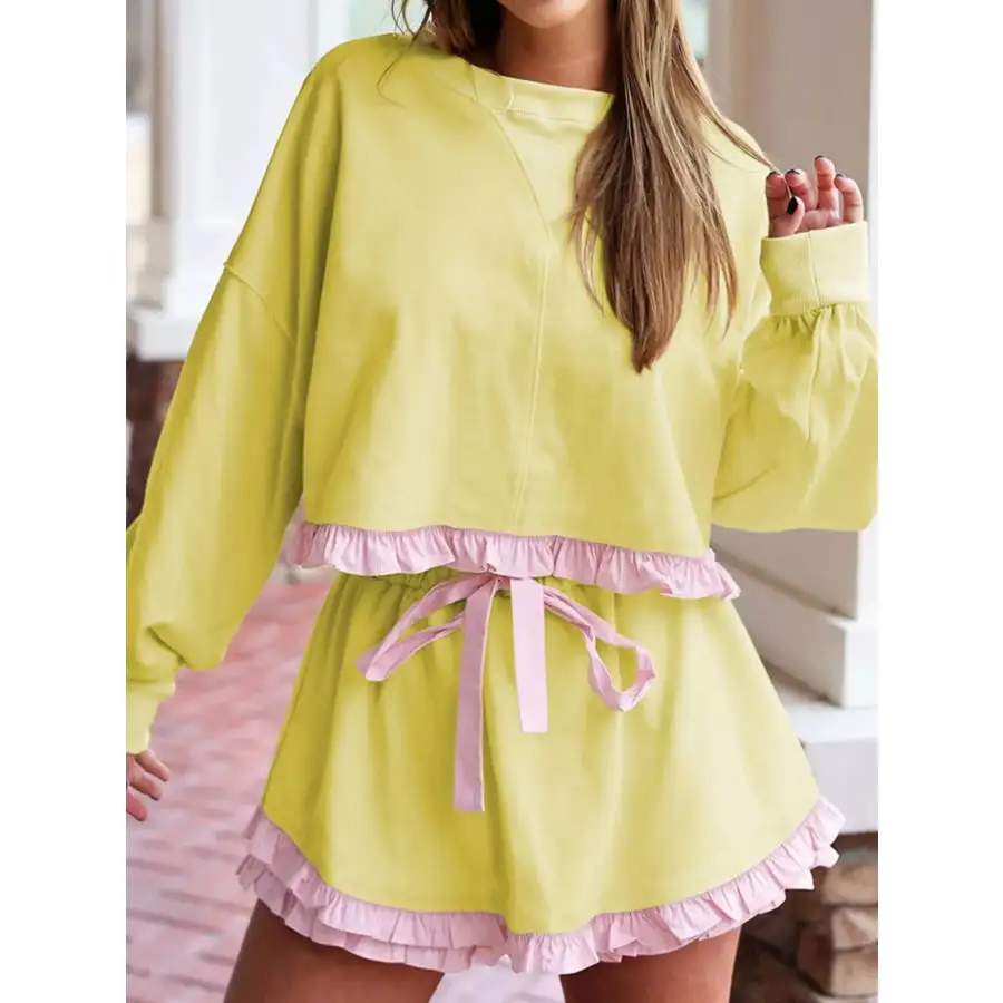 Contrast Frill Hem Round Neck Top and Shorts Set