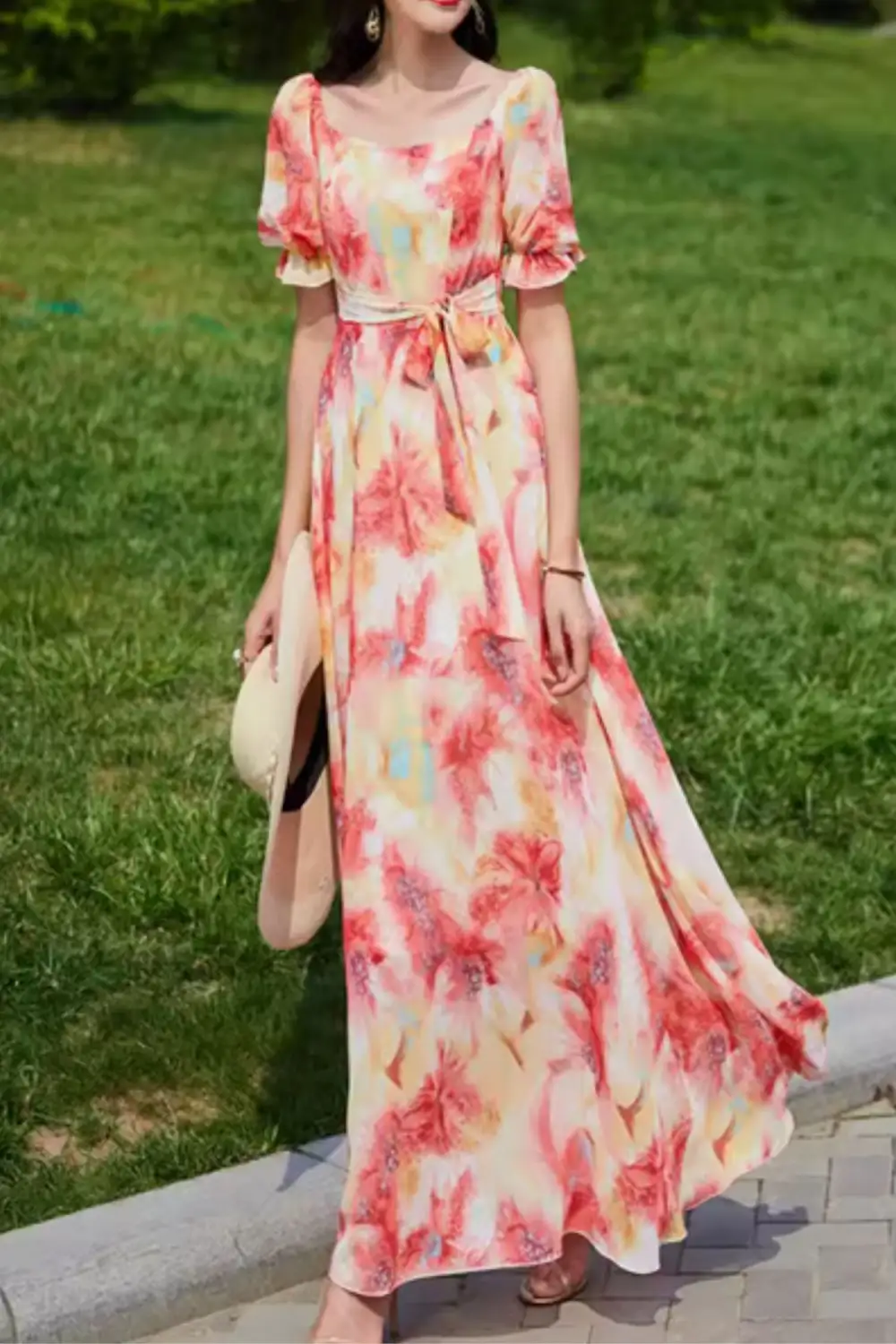Floral Chiffon Puff Sleeve Maxi Dress