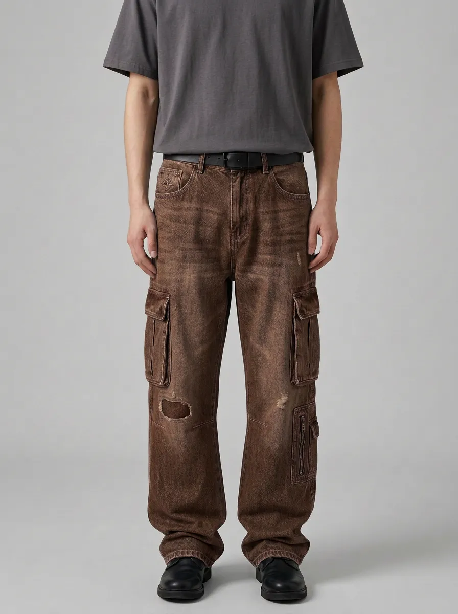 Men's Forge Vintage Distressed Denim Multi-Pocket Cargo Jeans