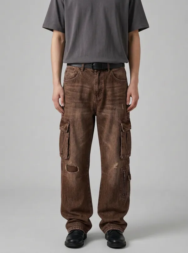 Men's Forge Vintage Distressed Denim Multi-Pocket Cargo Jeans