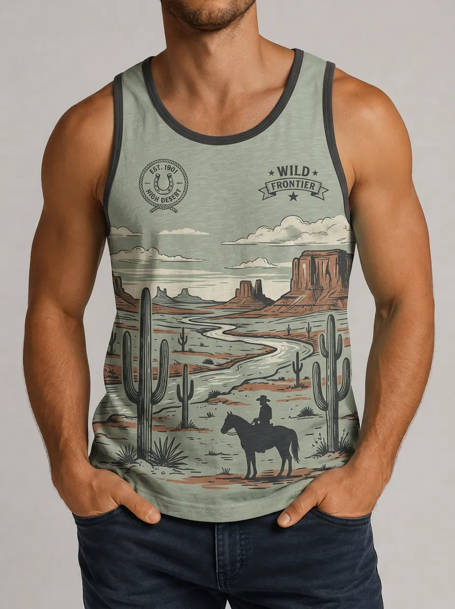Men's Western Cowboy Wild Frontier Cactus Printed Tank Top