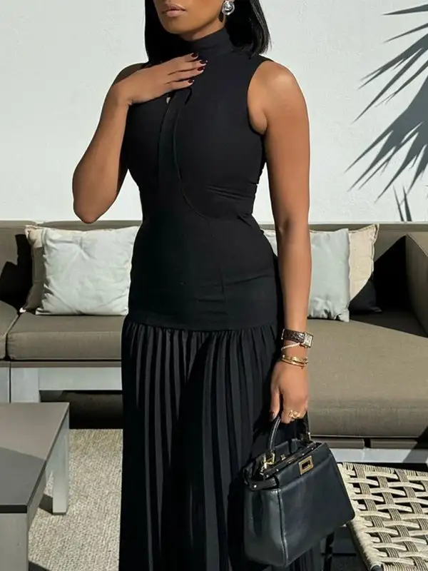 Mock Pleated Sleeveless Neck Maxi Dress