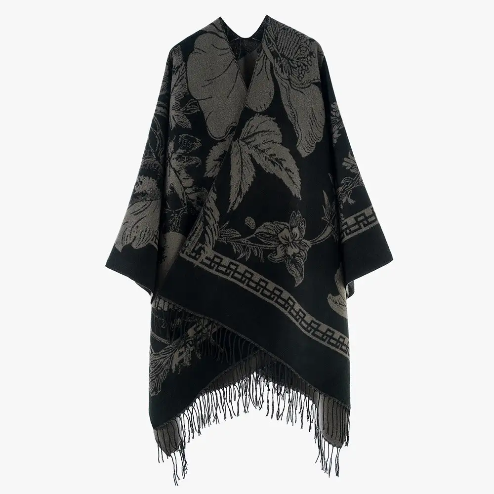 Jacquard Floral Fringed Wrap Scarf