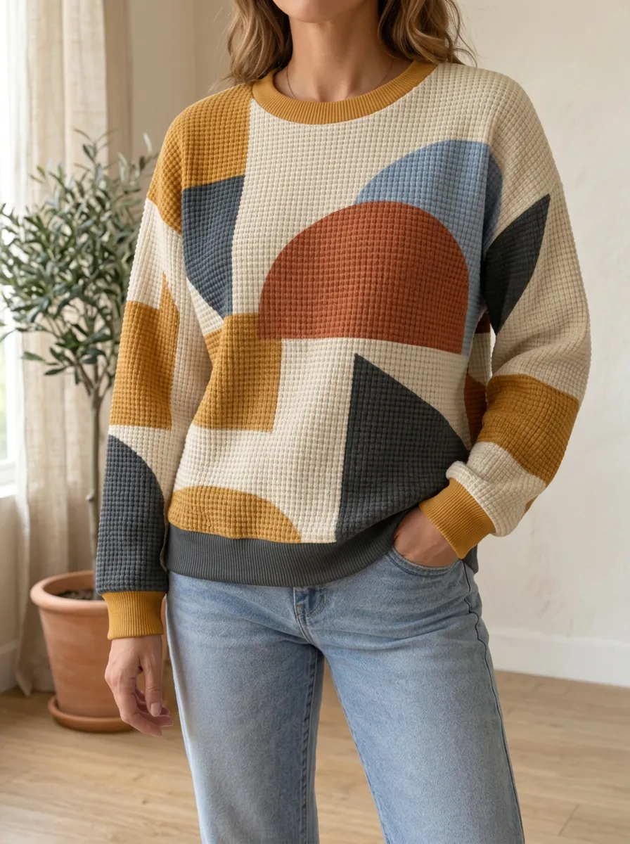 Women's Abstract Geometric Pattern Long-Sleeve Waffle Knit Crewneck Sweatshirt