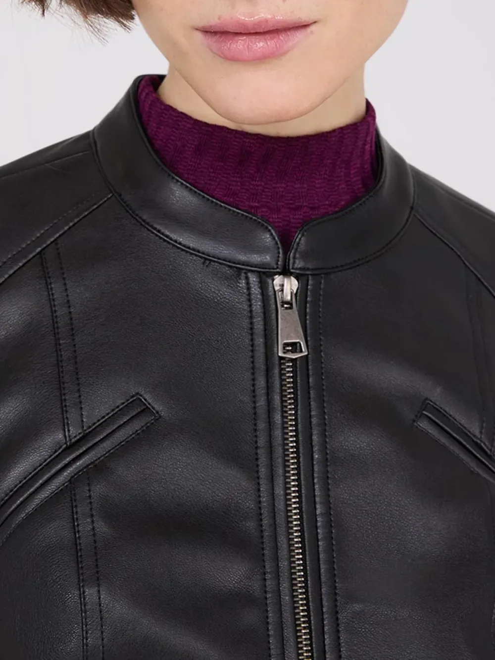 Collarless Faux Leather Coat