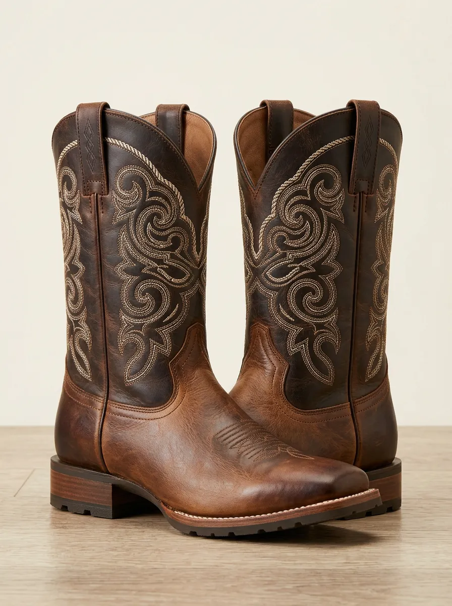 Western Heritage Embroidered Leather-Look Country Style Men's Western Cowboy Boots