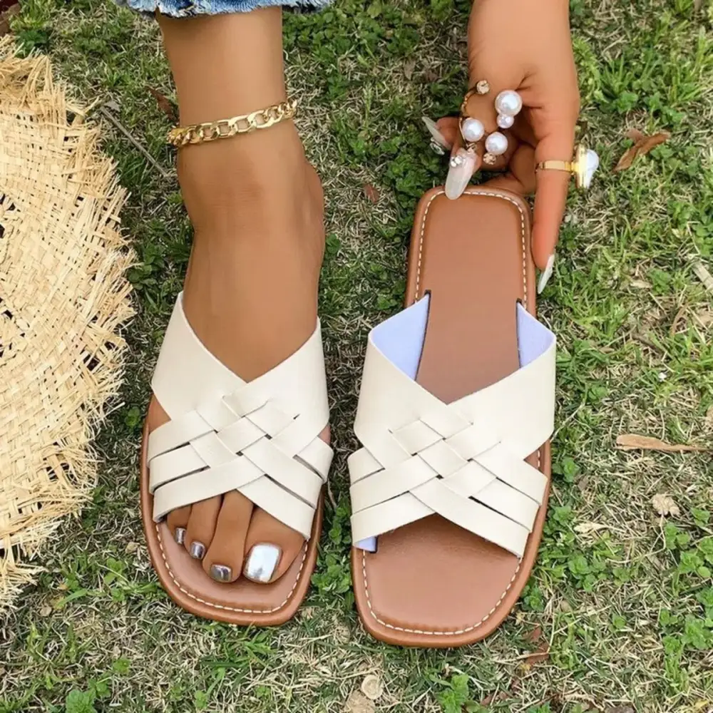Woven Cross-Strap Flat Sandals