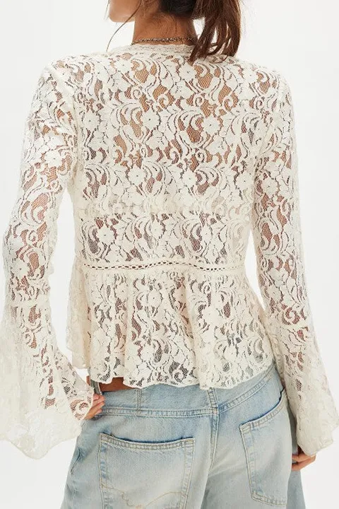Women's White Floral Lace V Neck Blouse