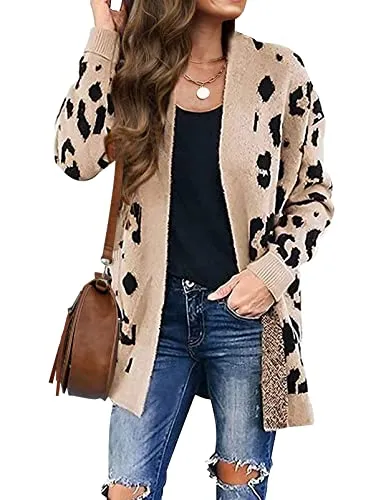 Women's Long Sleeves Open Front Leopard Print Knitted Sweater Cardigan Coat Outwear
