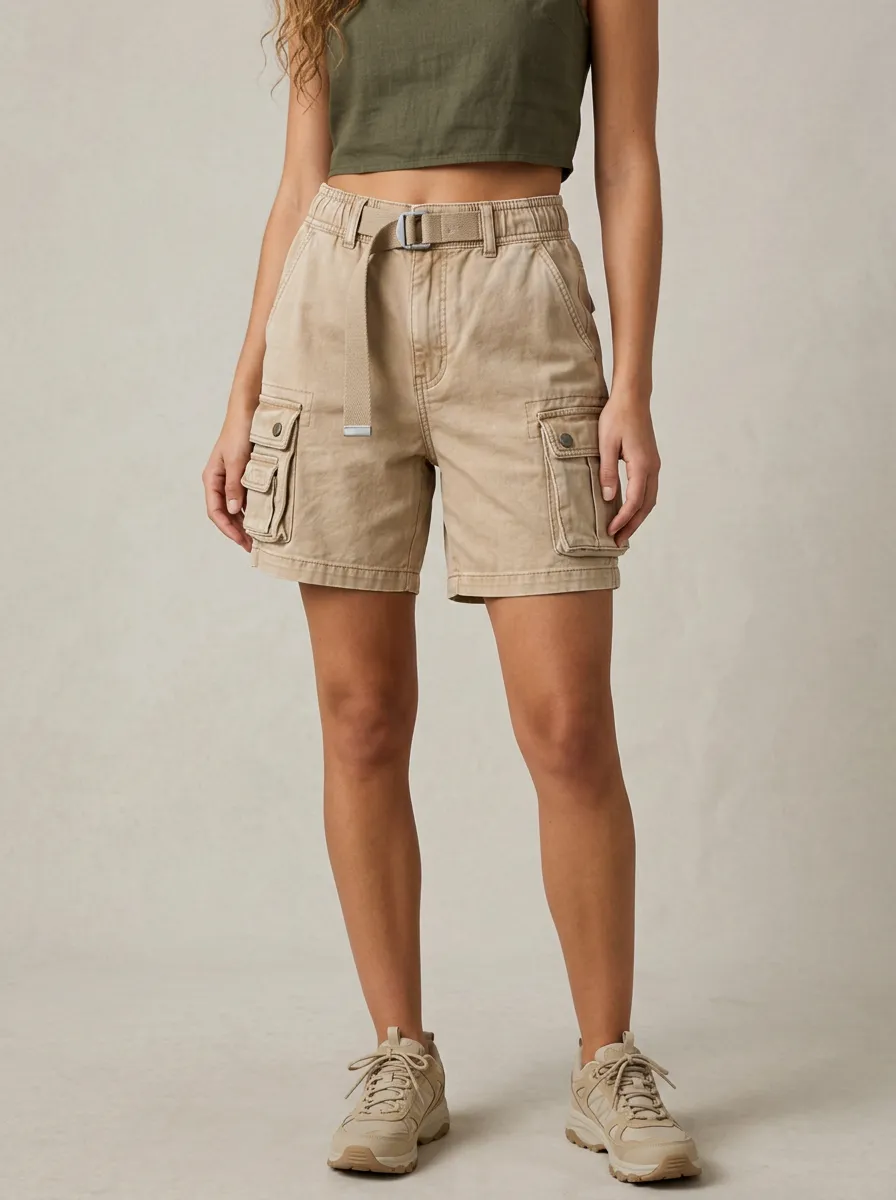 Women's Casual Outdoor Khaki Belted Cargo Shorts