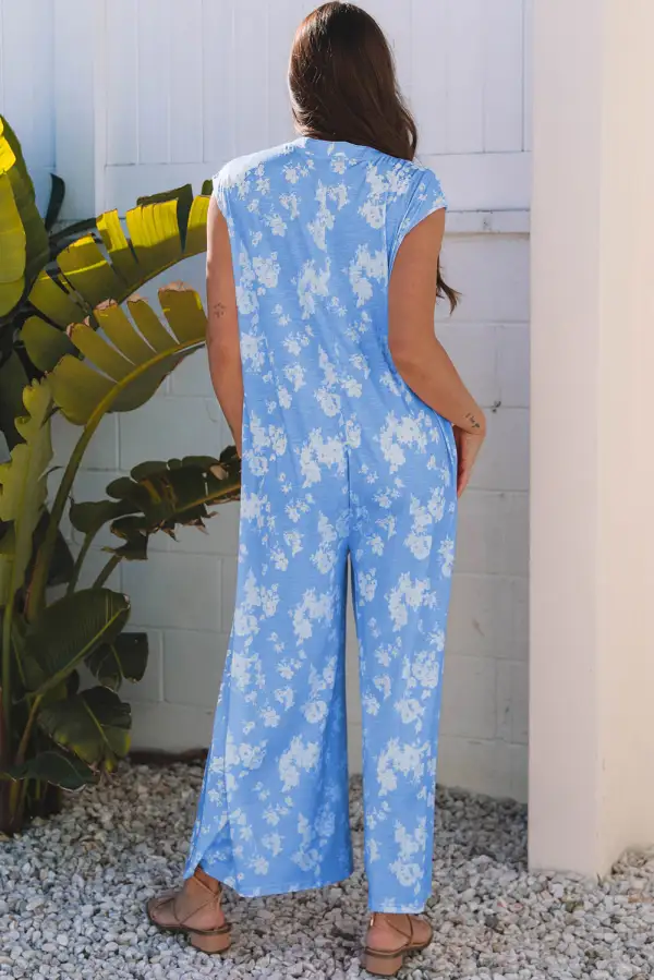 Myosotis Floral Print Half Button Wide Jumpsuit